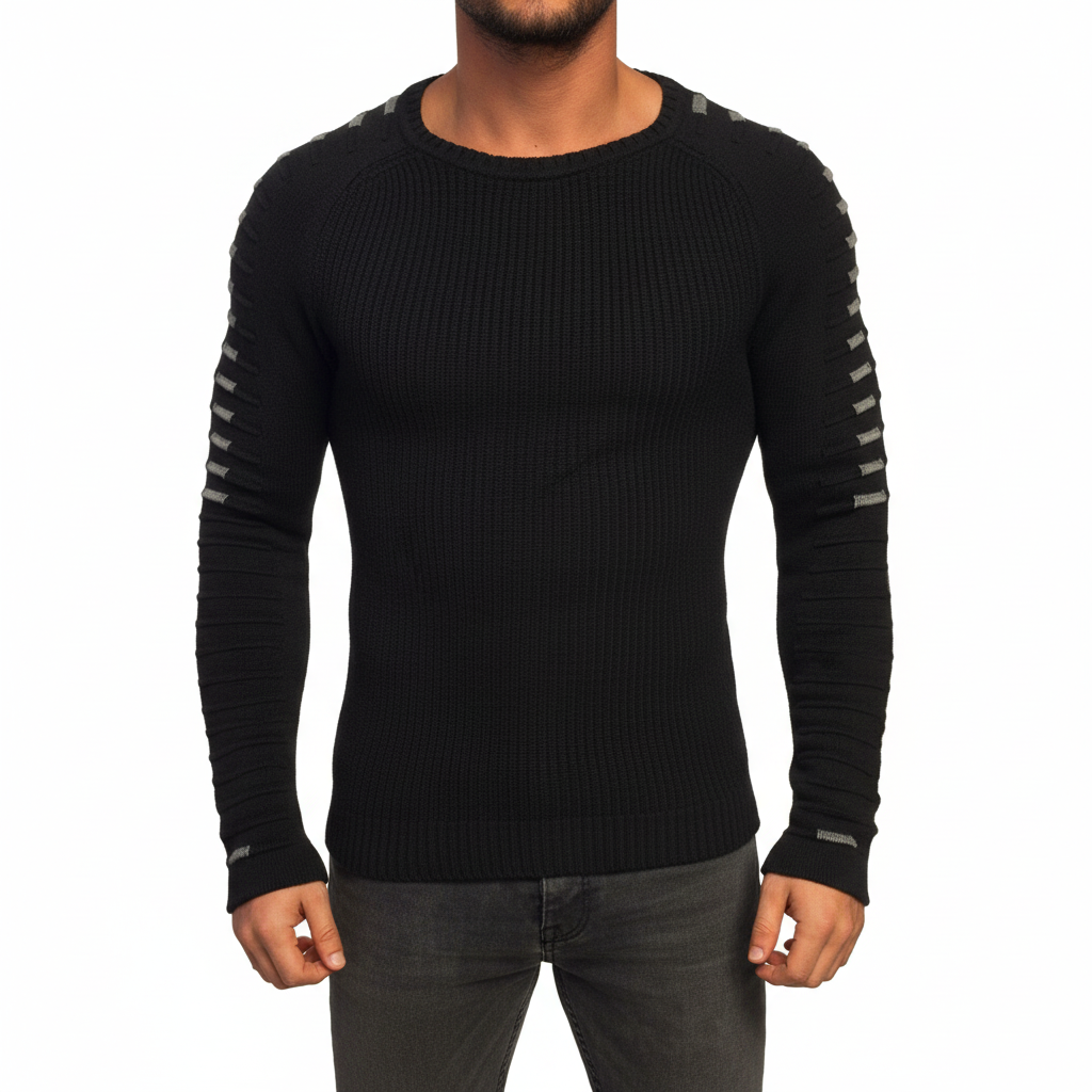 Men's slim fit knitted sweater in navy with white stripe detail, perfect for winter casual wear