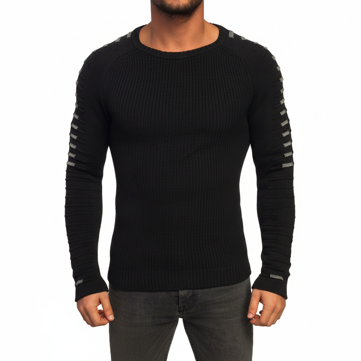Men's slim fit knitted sweater in navy with white stripe detail, perfect for winter casual wear