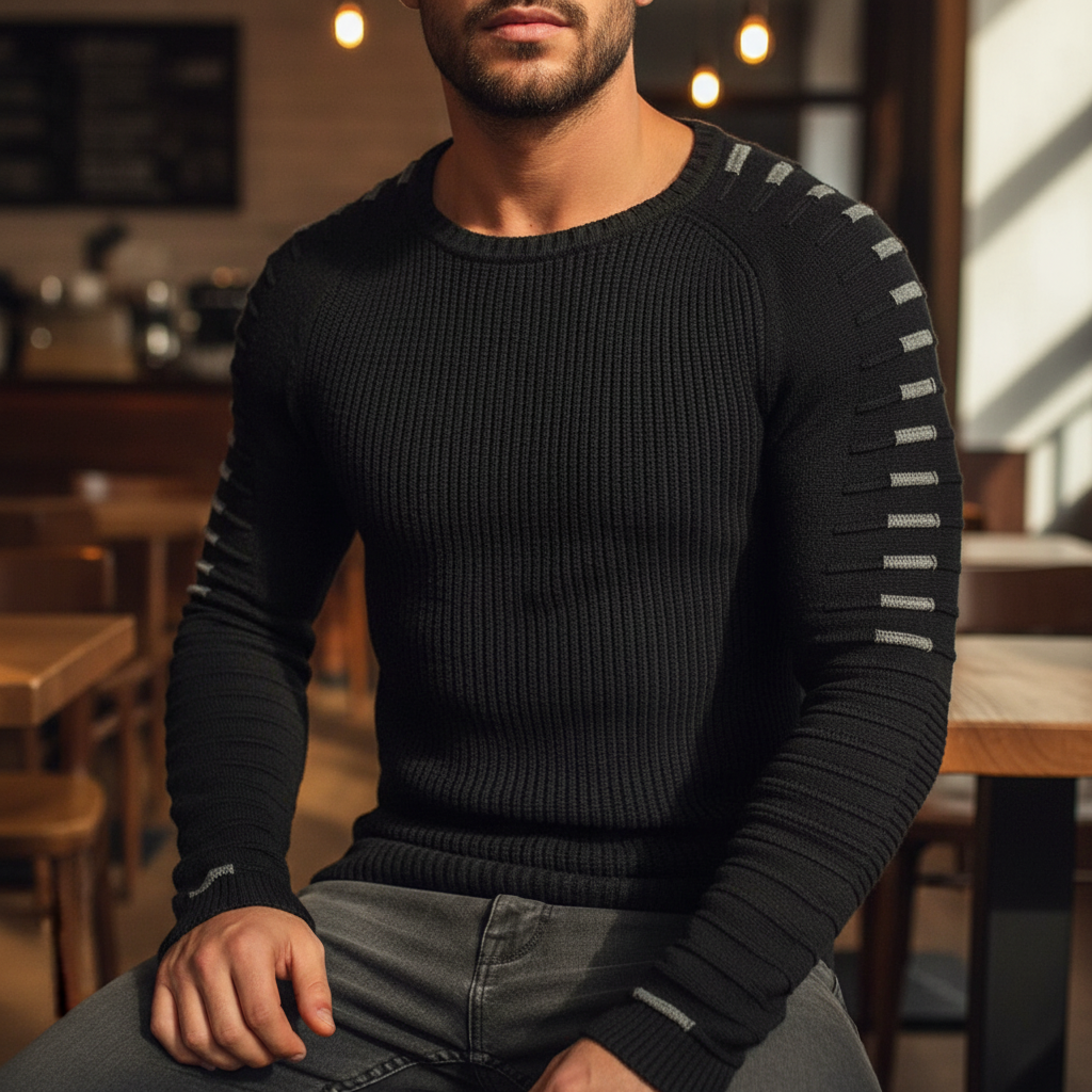Stylish men's round neck knitted sweater with subtle stripe detail and long sleeves for versatile fashion
