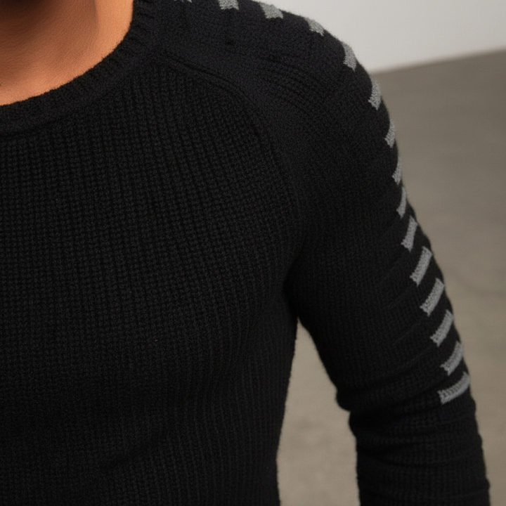 Close-up of a men's knitted slim fit sweater, highlighting the quality knit and stripe detail