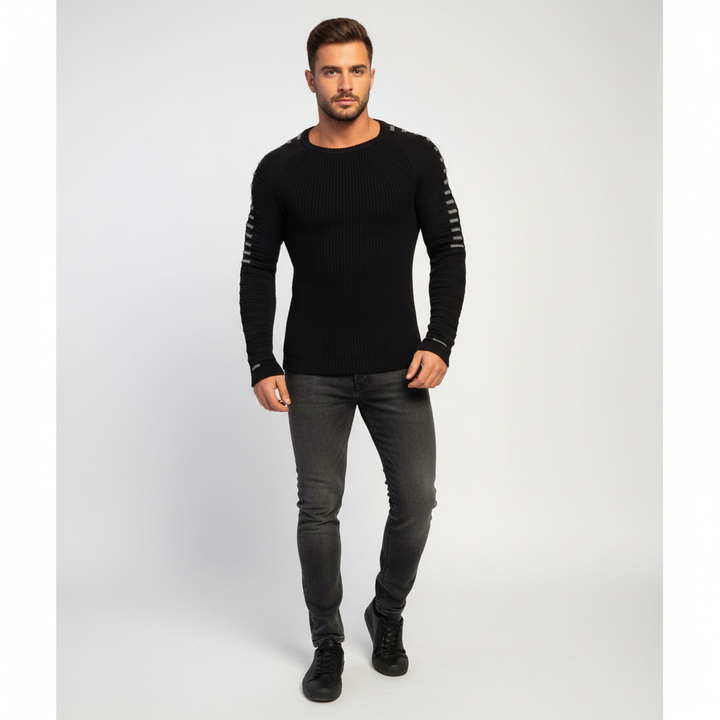 Felix slim fit knitted sweater for men, a black long-sleeve top with modern stripe accents