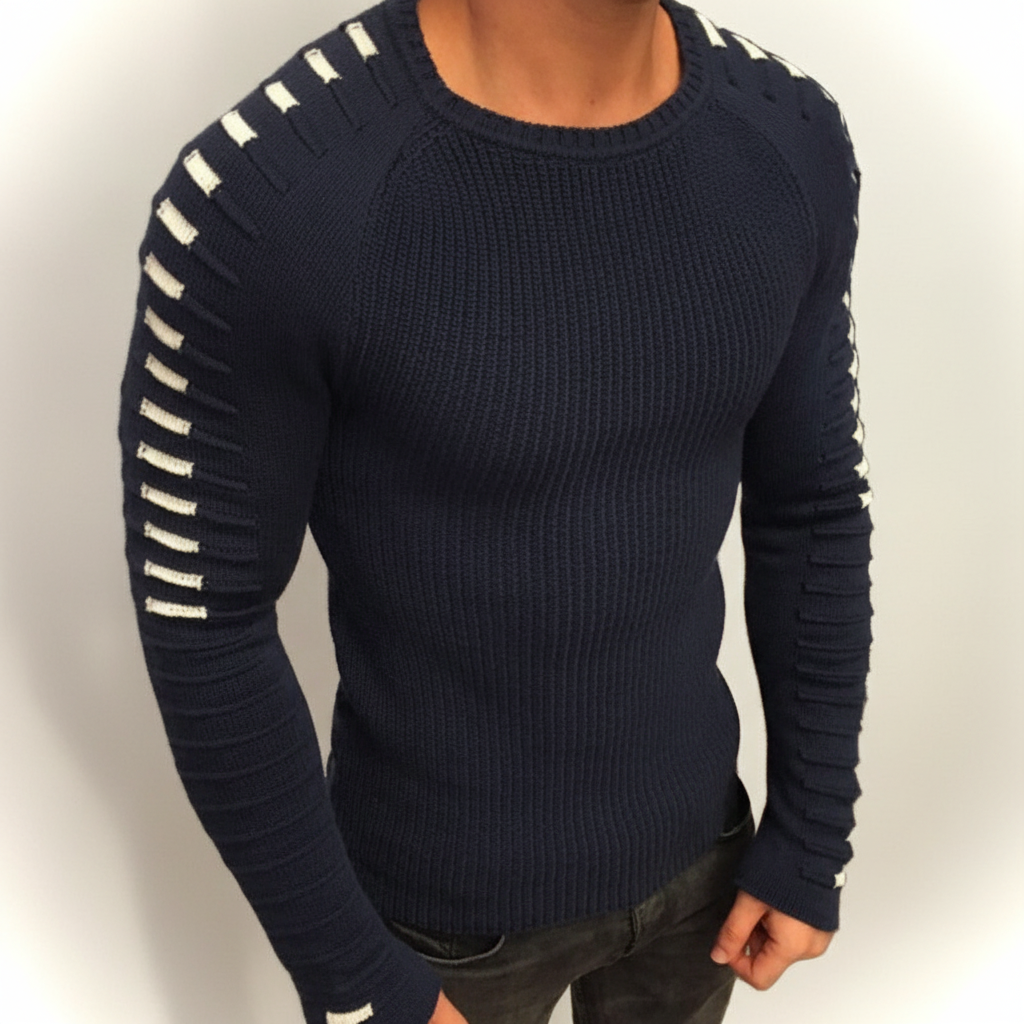 Front view of a men's knitted sweater, slim fit, featuring a round neck and stylish stripe detail