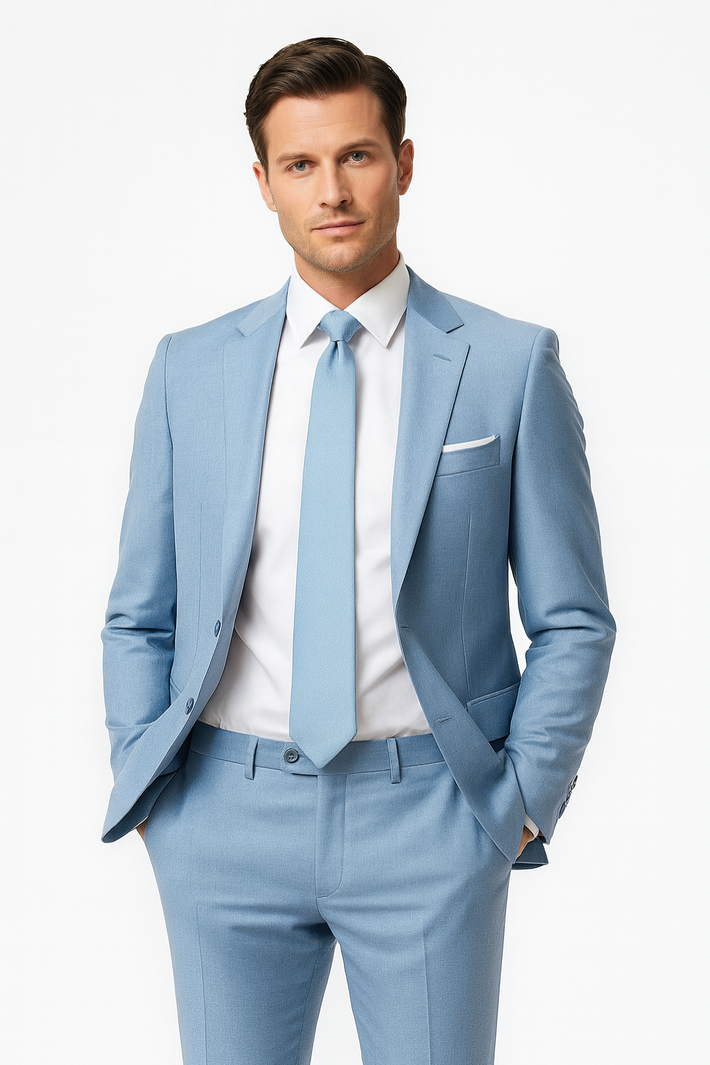 Men's slim fit light blue summer suit. Two-piece tailored formal wear perfect for weddings & events.