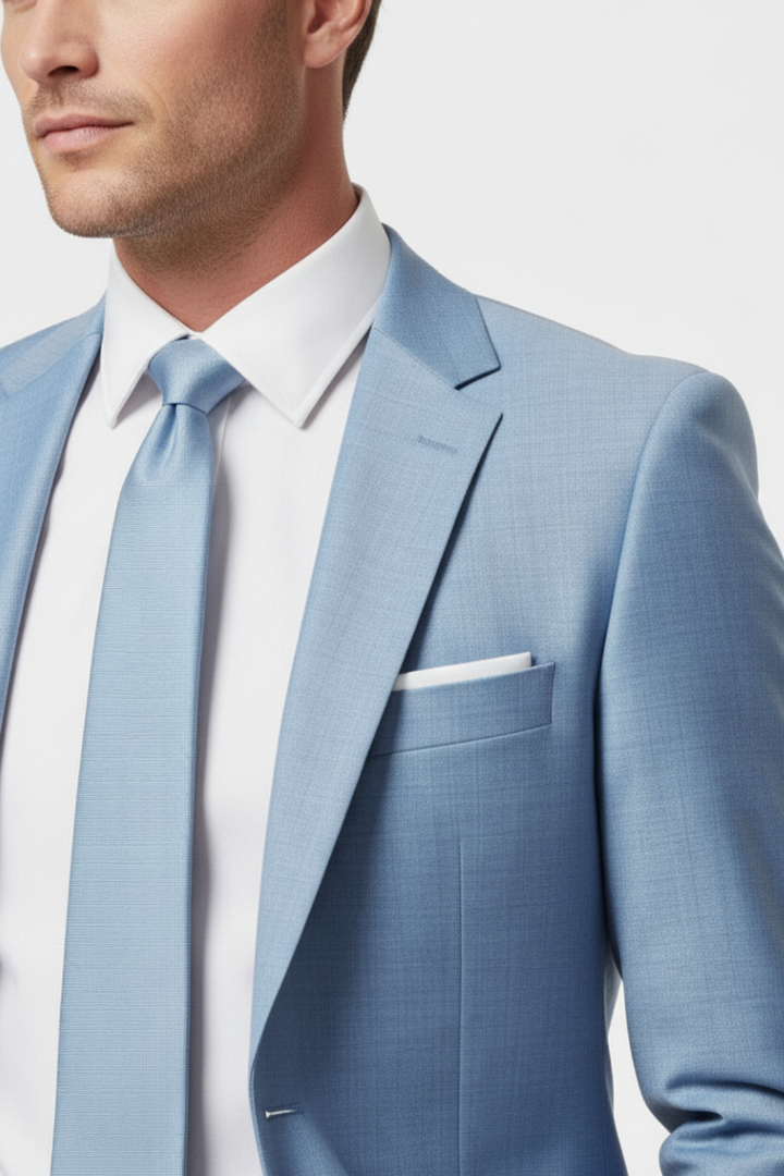 Stylish man wearing a light blue slim fit summer suit, ideal for warm weather business or wedding attire.