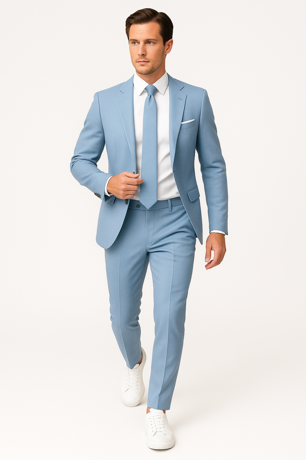 Close-up of a light blue men's slim fit summer suit, showcasing lightweight fabric & modern tailored cut.