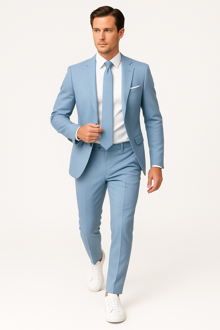 Close-up of a light blue men's slim fit summer suit, showcasing lightweight fabric & modern tailored cut.