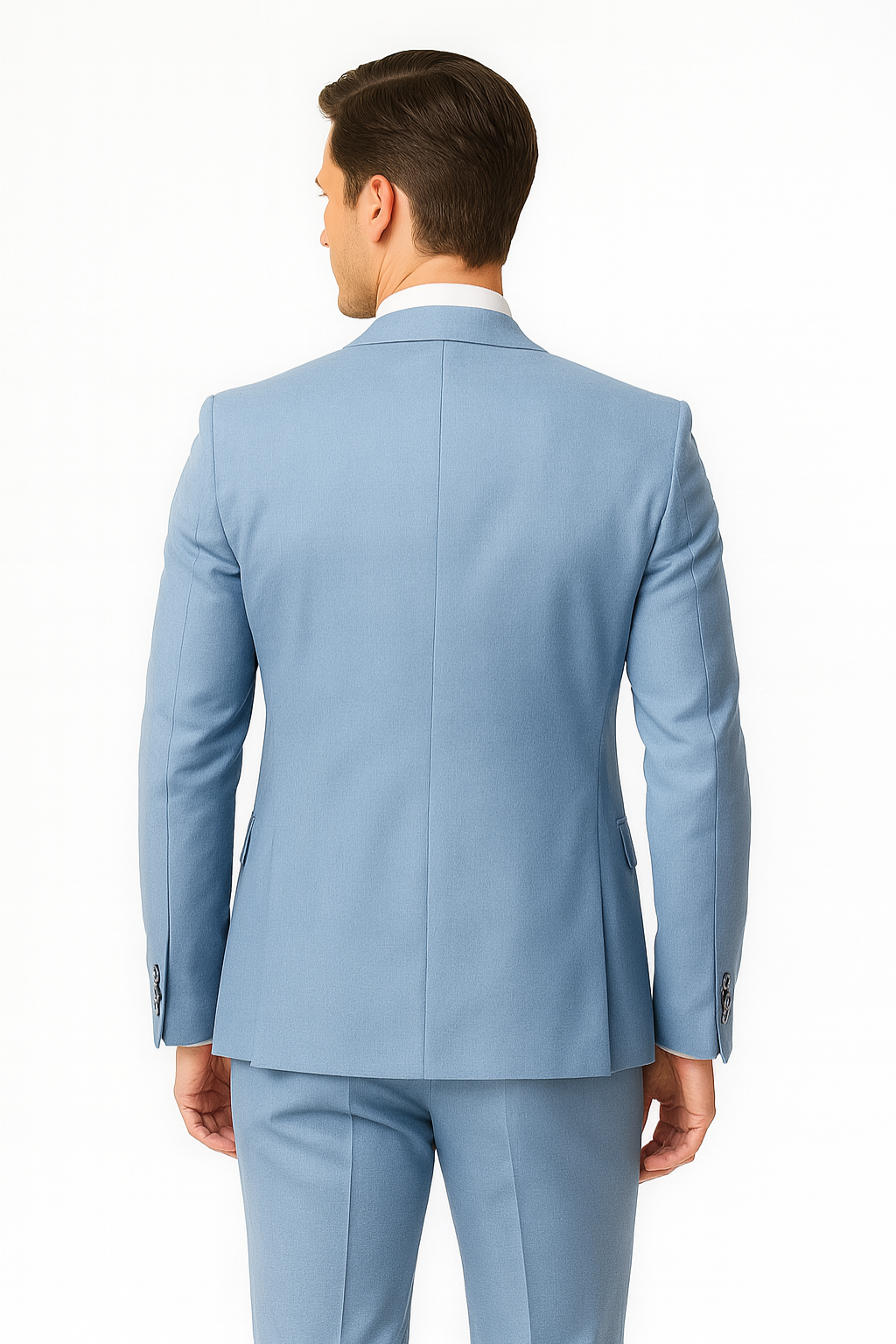 Versatile men's light blue slim fit two-piece suit, excellent for summer weddings, formal events, or business.