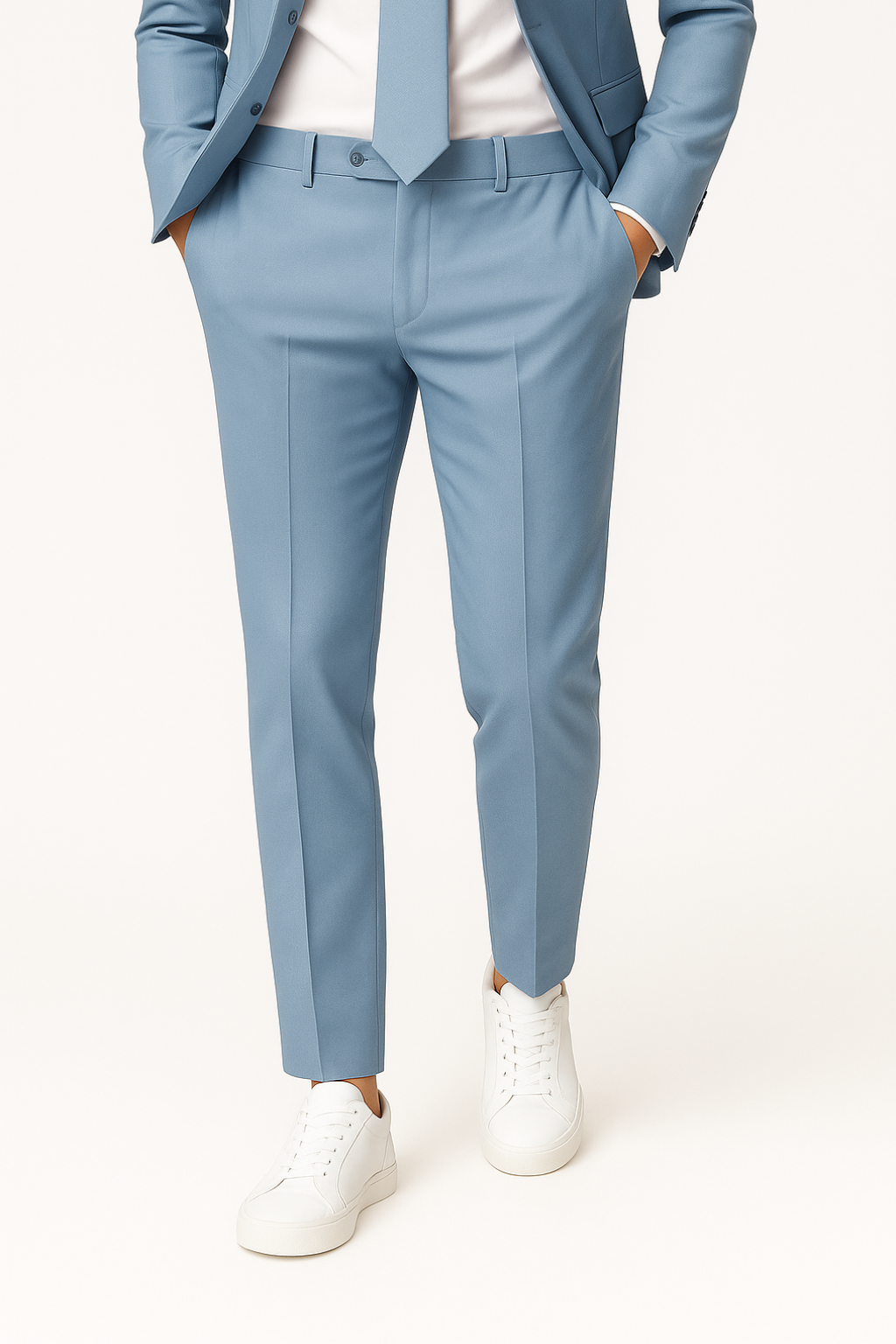 Elegant light blue men's slim fit suit jacket & trousers. Lightweight summer formal wear for modern fashion.
