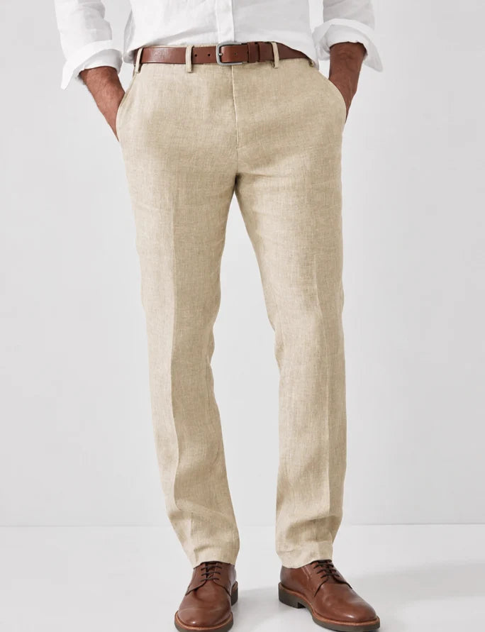 Men's slim fit linen dress pants, perfect for summer. Lightweight & comfortable for smart casual or business wear.
