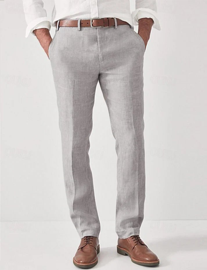 Modern men's slim fit linen pants, tailored for summer. Lightweight and breathable for smart casual comfort.