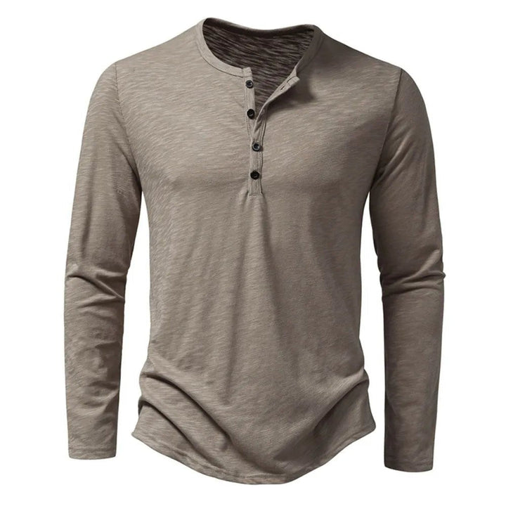 Men's slim fit long sleeve Henley shirt in classic grey, perfect for casual everyday style.