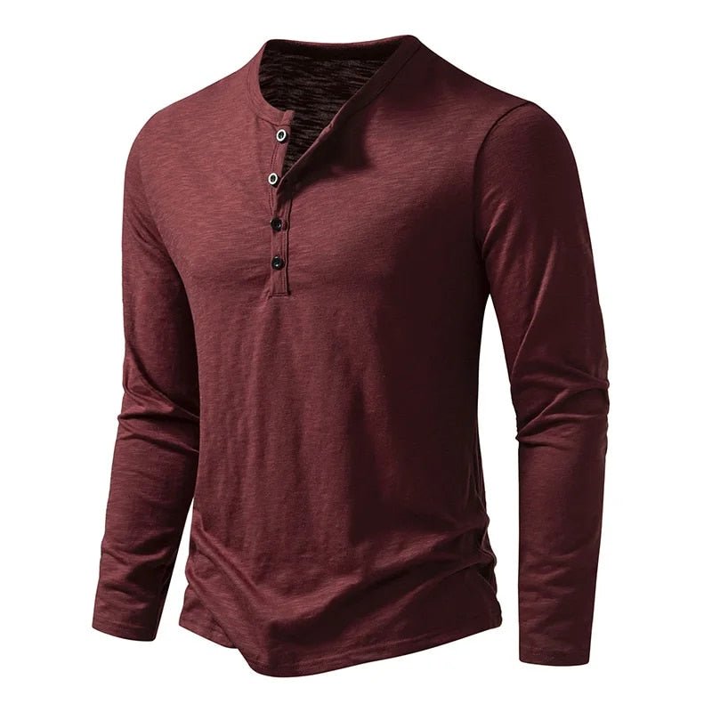 Men's long sleeve Henley in various colors, showcasing options for everyday stylish apparel.
