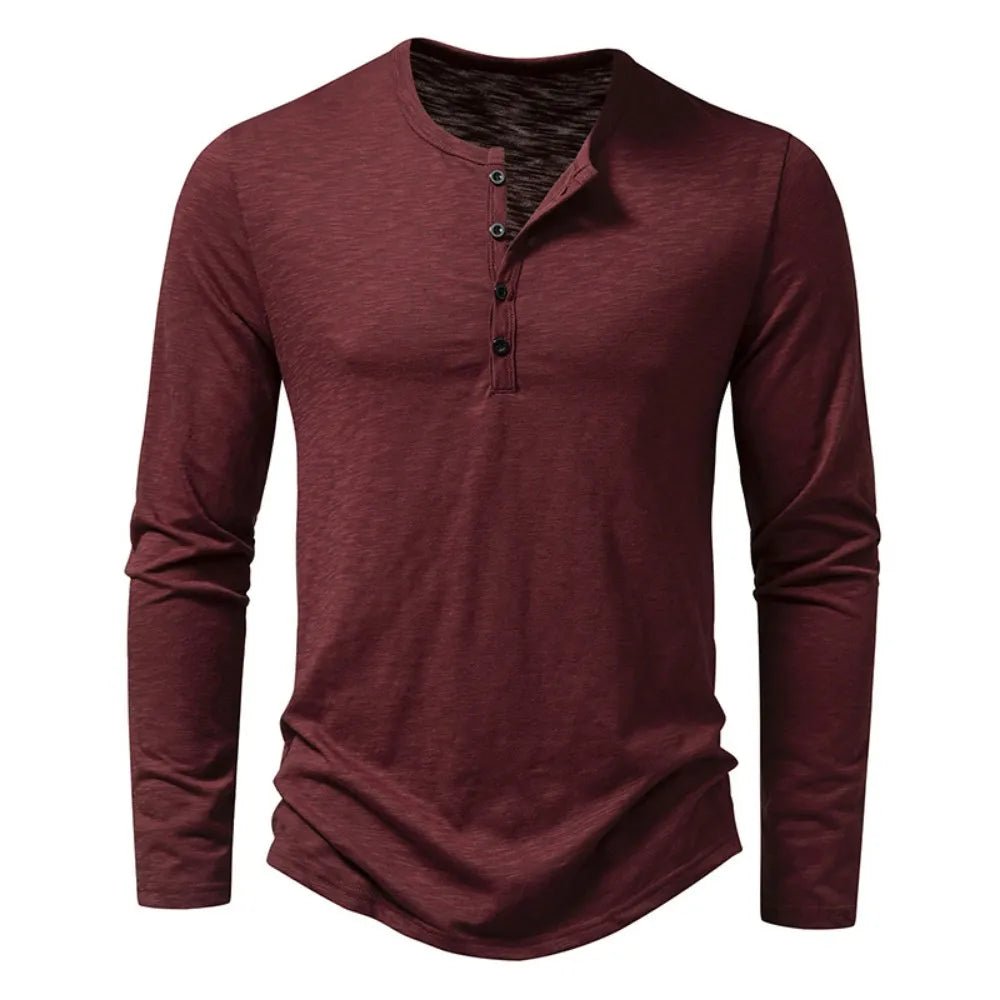 Casual men's long sleeve Henley shirt on a hanger, ready for everyday modern menswear styling.