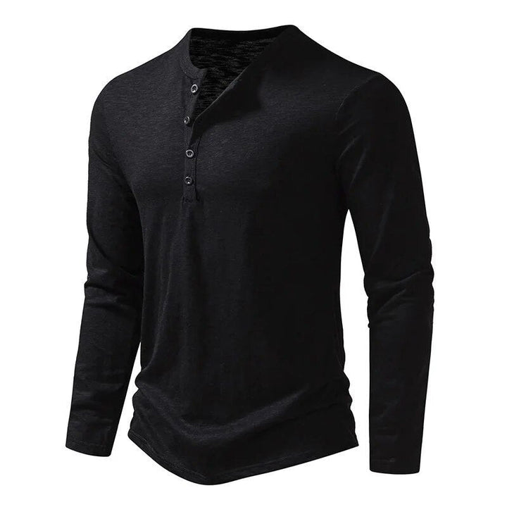 Close-up of the breathable fabric of a men's slim fit Henley, ensuring all-day comfort.