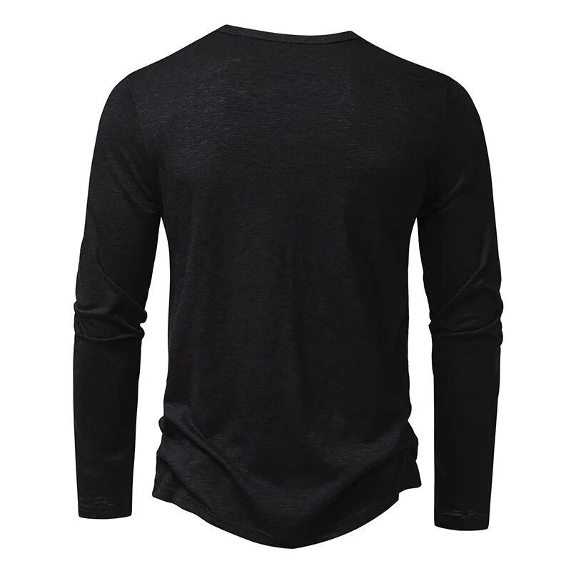 Side profile of a model wearing a comfortable slim fit Henley, showing its flattering cut.