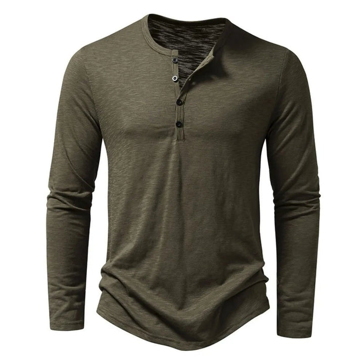 White casual men's Henley top, offering effortless everyday style & comfort for all seasons.