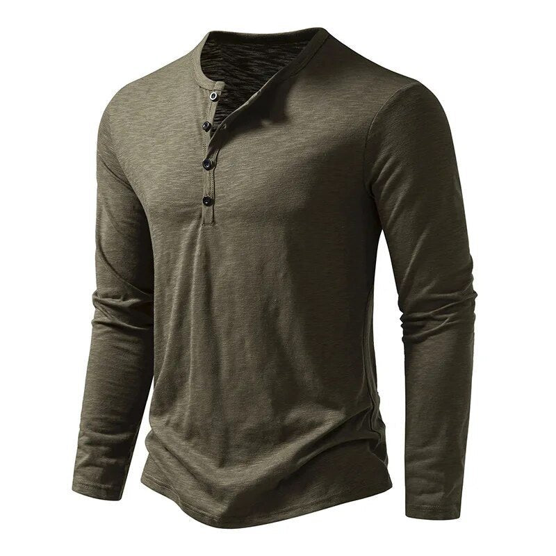 Closeup of the button placket on a men's slim fit long sleeve Henley shirt, quality detail.