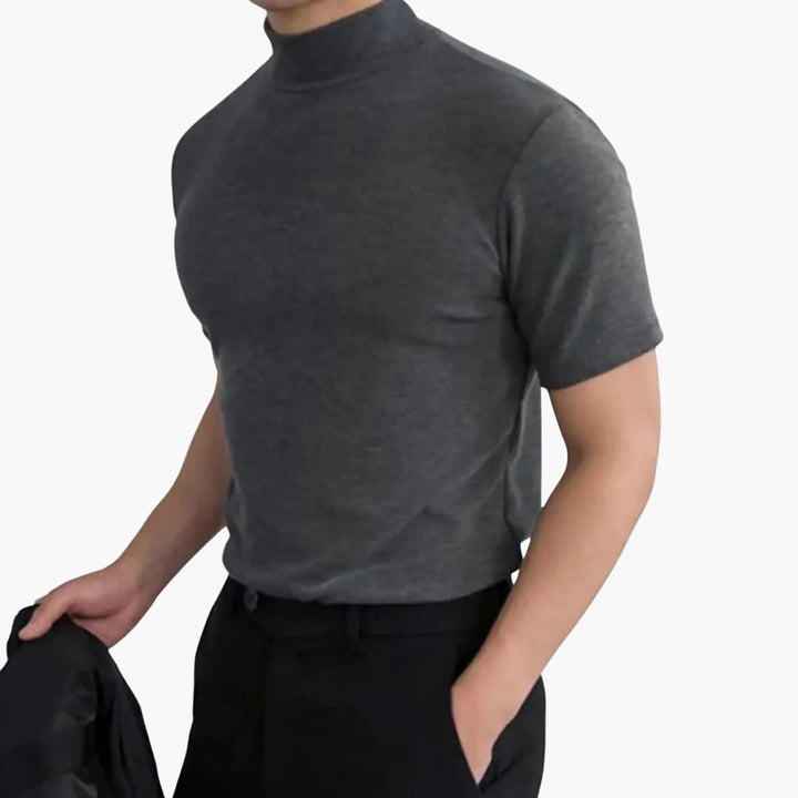 Men's slim fit mock neck short sleeve t-shirt, perfect for modern casual wear & layering. Stylish everyday tee.