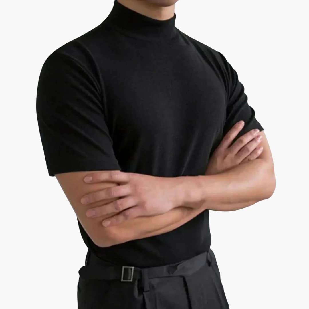 Casual men's short sleeve mock neck t-shirt. Versatile slim fit for everyday wear or modern layering.