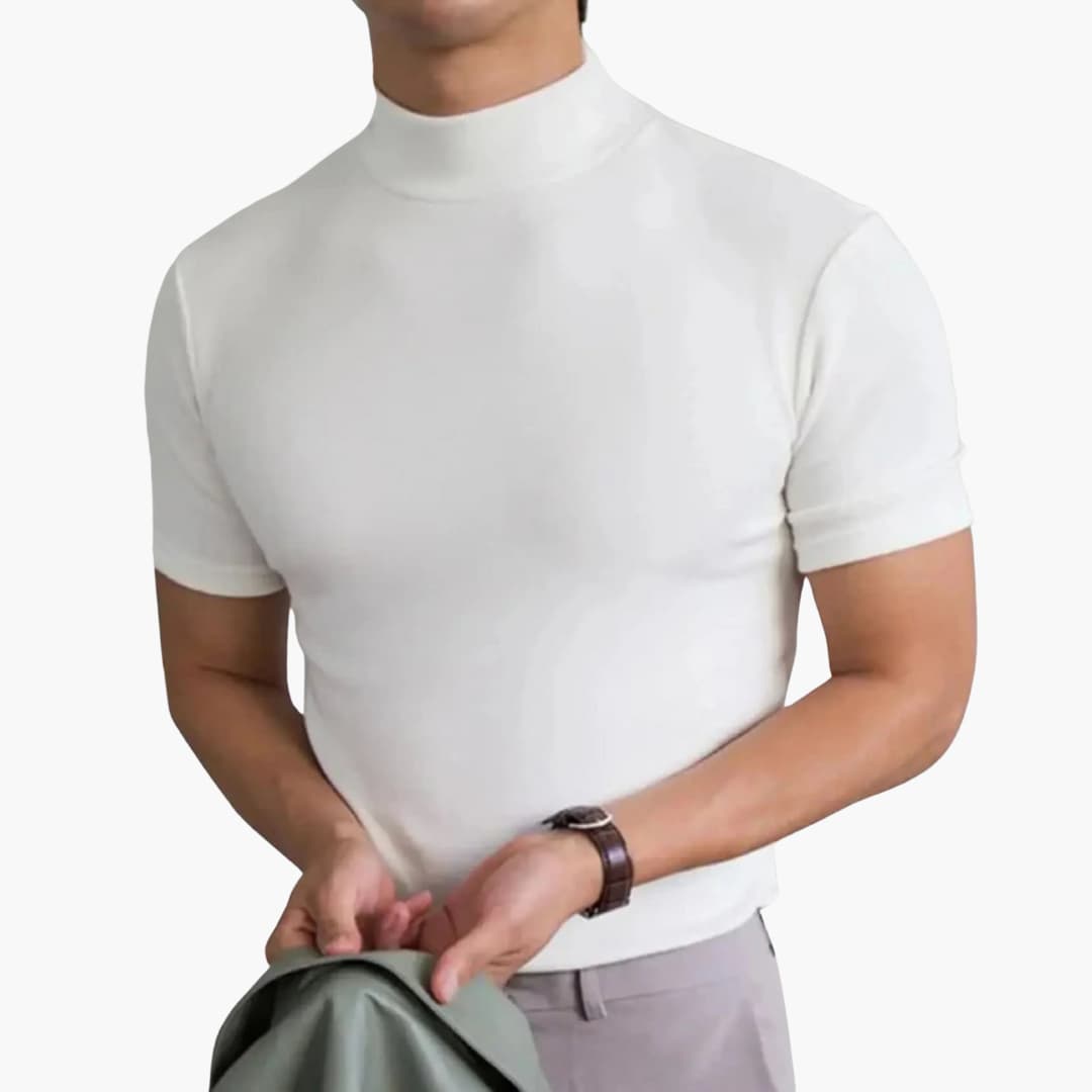 Comfortable men's short sleeve mock neck t-shirt. Slim fit design offers a modern, stylish look for any man.