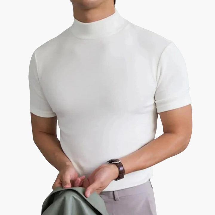 Comfortable men's short sleeve mock neck t-shirt. Slim fit design offers a modern, stylish look for any man.