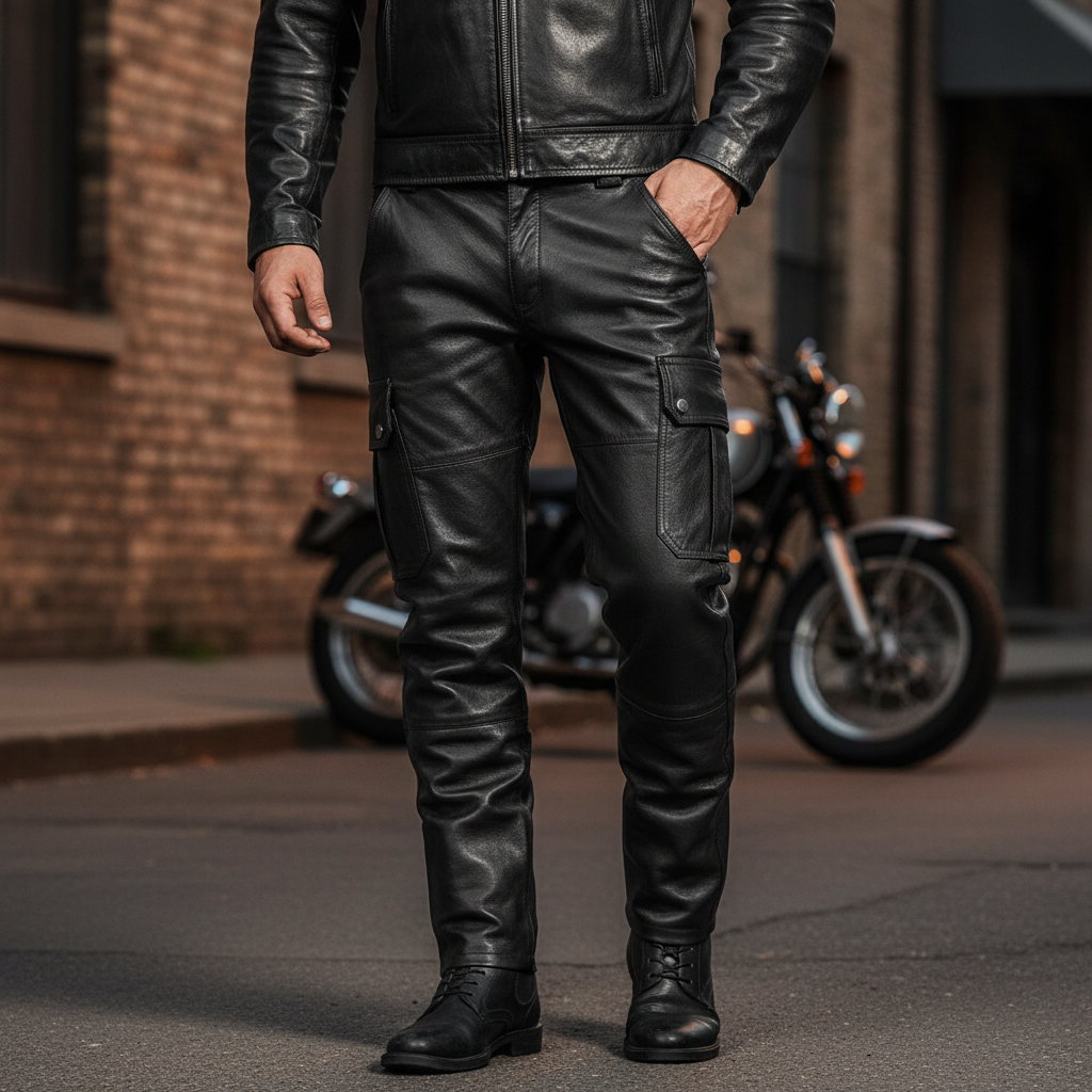 Men's slim-fit motorcycle riding pants in black, designed for comfort and style on the road.
