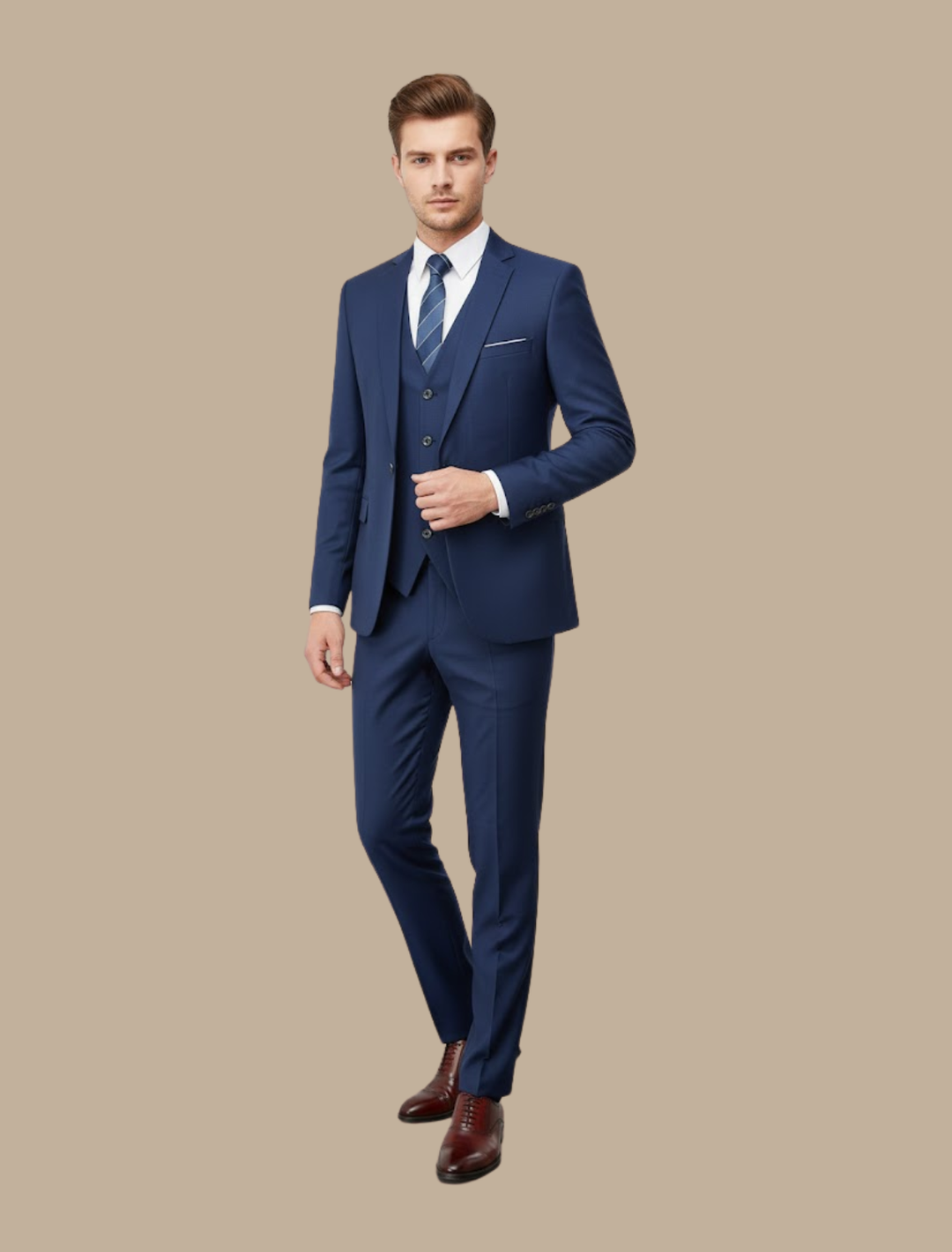 Tailored men's navy slim fit three-piece suit. Ideal formal wear, business attire, or elegant wedding outfit.