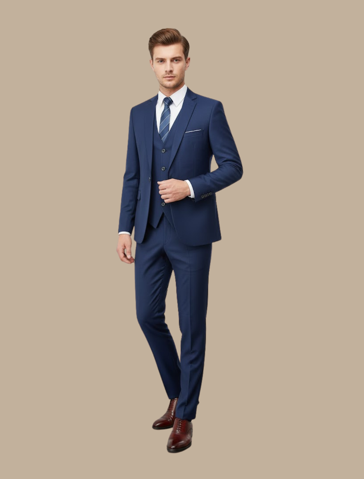 Tailored men's navy slim fit three-piece suit. Ideal formal wear, business attire, or elegant wedding outfit.