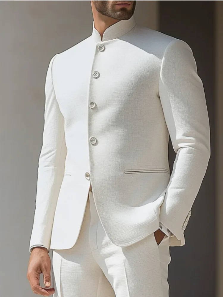 Men's slim-fit Nehru suit with a stylish band collar, ideal for formal events, weddings, and evening wear.
