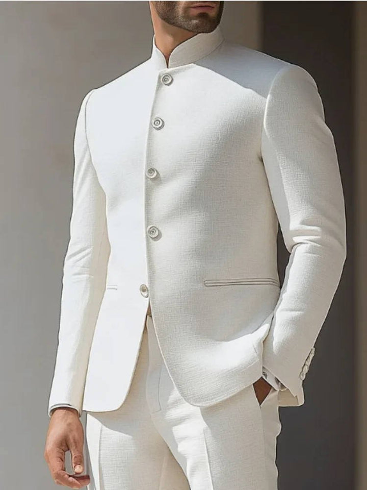 Men's slim-fit Nehru suit with a stylish band collar, ideal for formal events, weddings, and evening wear.