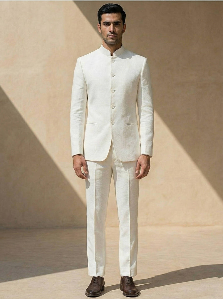 Modern men's band collar Nehru jacket and trousers set, perfect for special occasions & contemporary formal fashion.
