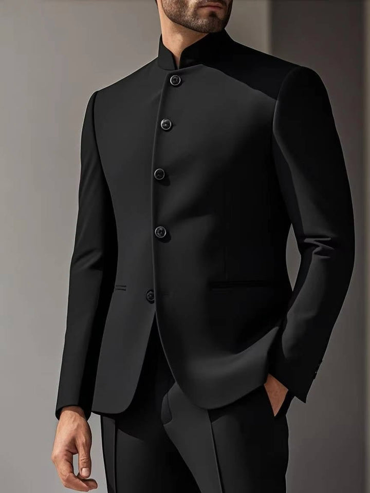 Elegant men's tie-less Nehru suit, featuring a band collar blazer. Versatile formal wear for weddings & events.