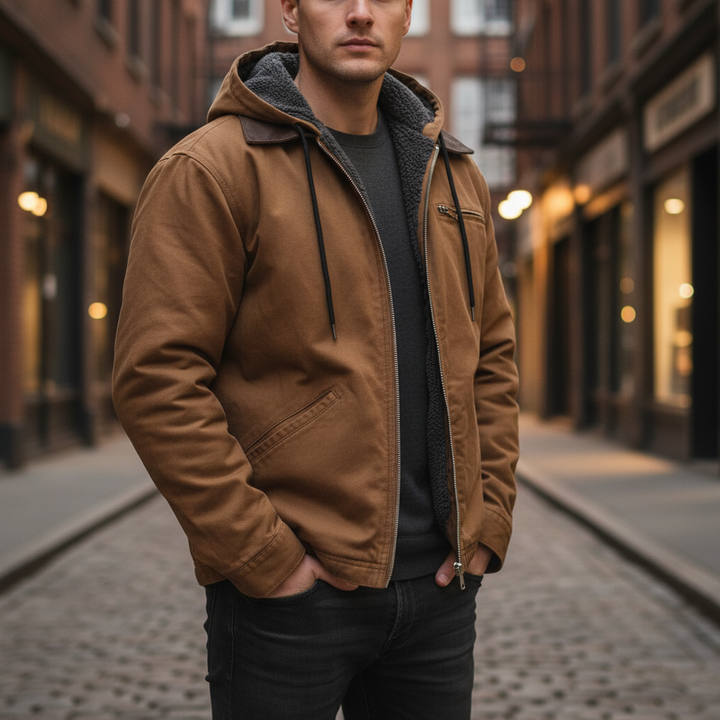 Men's slim-fit padded faux leather jacket in black with hood, perfect for casual autumn outerwear.
