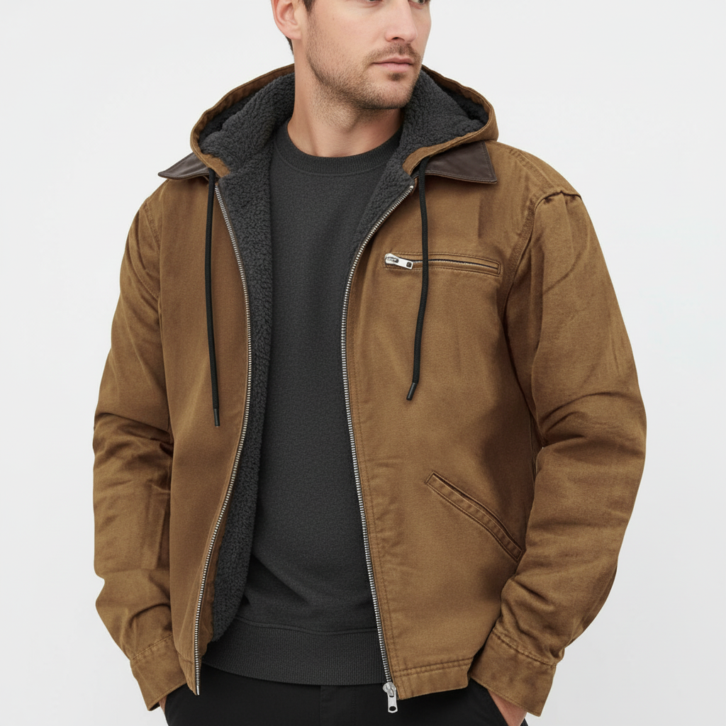 Casual men's hooded transitional jacket, faux leather with padding for warmth and style.