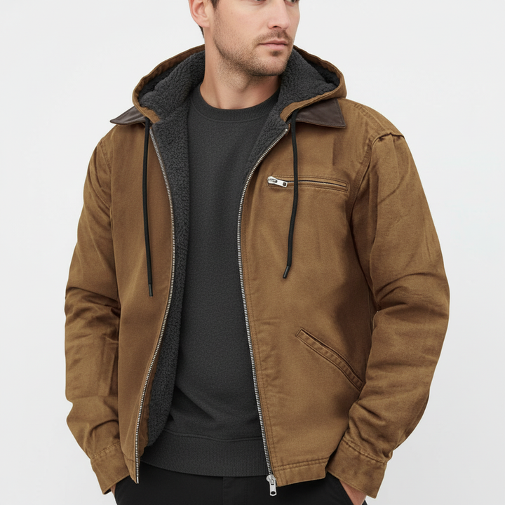 Casual men's hooded transitional jacket, faux leather with padding for warmth and style.