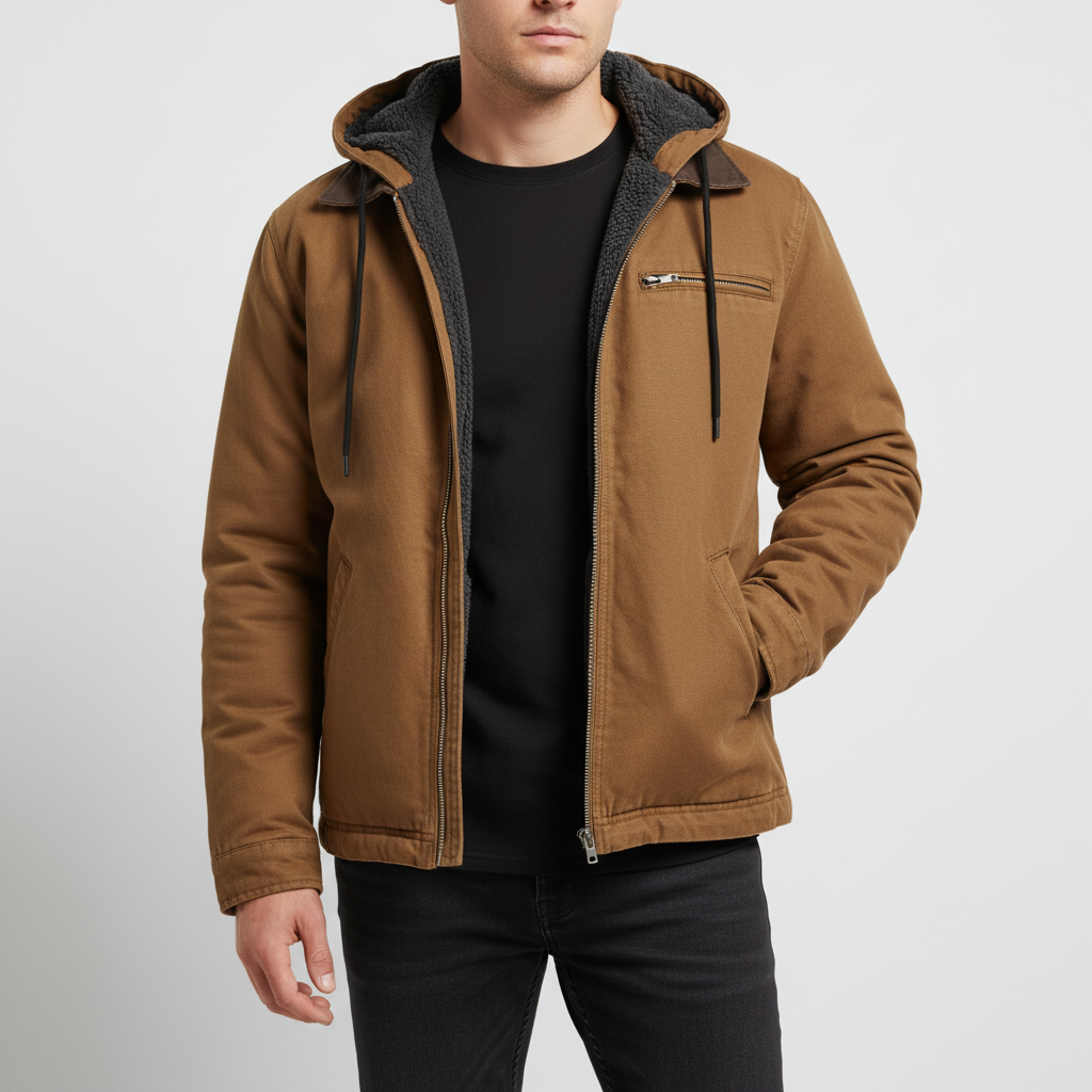 Stylish men's outerwear: a hooded, padded faux leather jacket, ideal for autumn fashion.