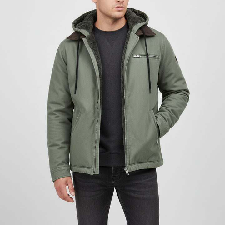 Black men's padded faux leather jacket with hood, a versatile and trendy casual outerwear piece.