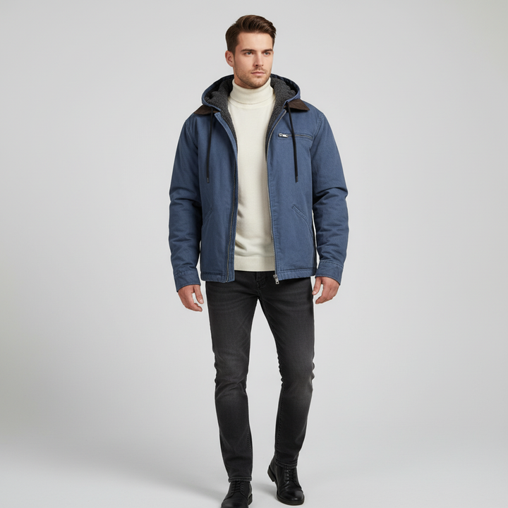 Autumn essential: men's slim-fit padded faux leather jacket with an integrated hood.