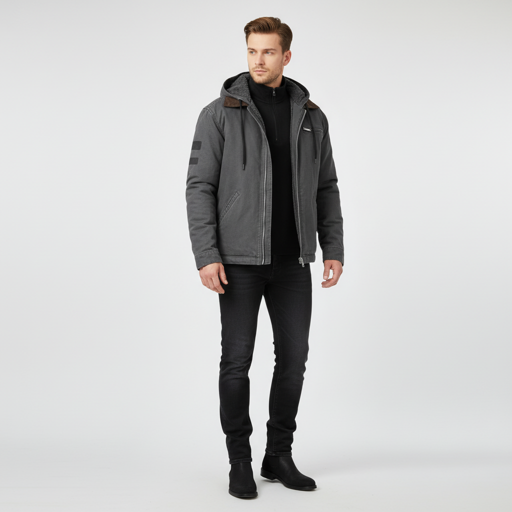 Faux leather men's jacket, padded and hooded, offering a modern and comfortable casual look.