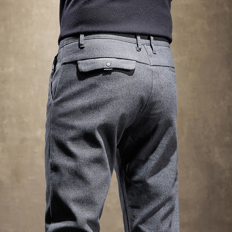 Versatile men's modern slim fit trousers, offering a tailored, smart casual look with performance stretch.