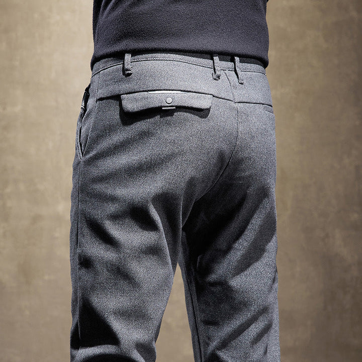 Versatile men's modern slim fit trousers, offering a tailored, smart casual look with performance stretch.