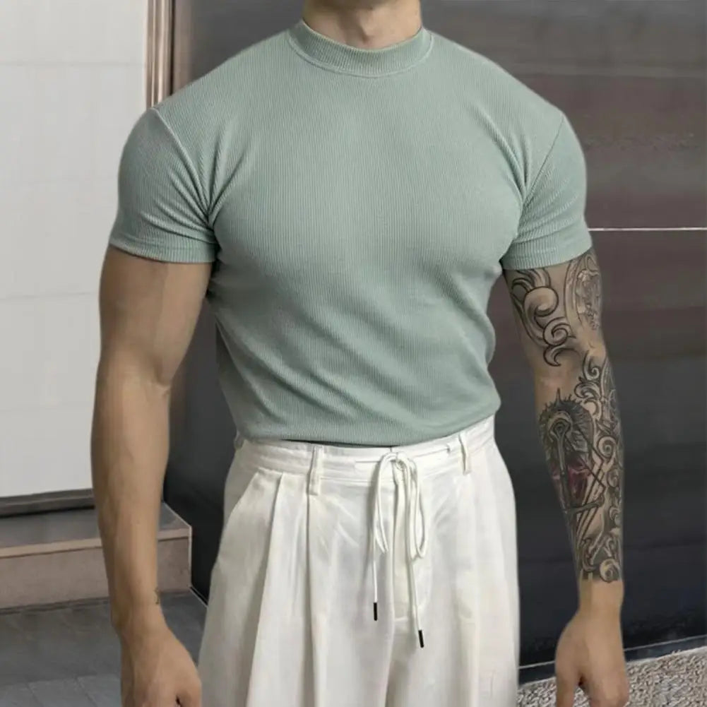 Athletic men's slim fit tee, moisture-wicking fabric, perfect for summer casual wear and workouts.