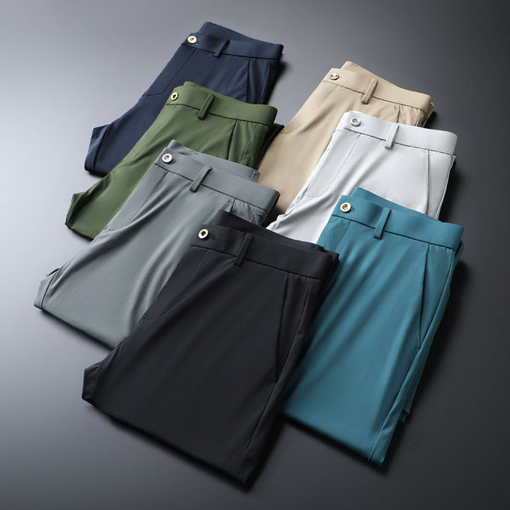 Men's casual slim fit trousers, engineered with stretch fabric for enhanced mobility.