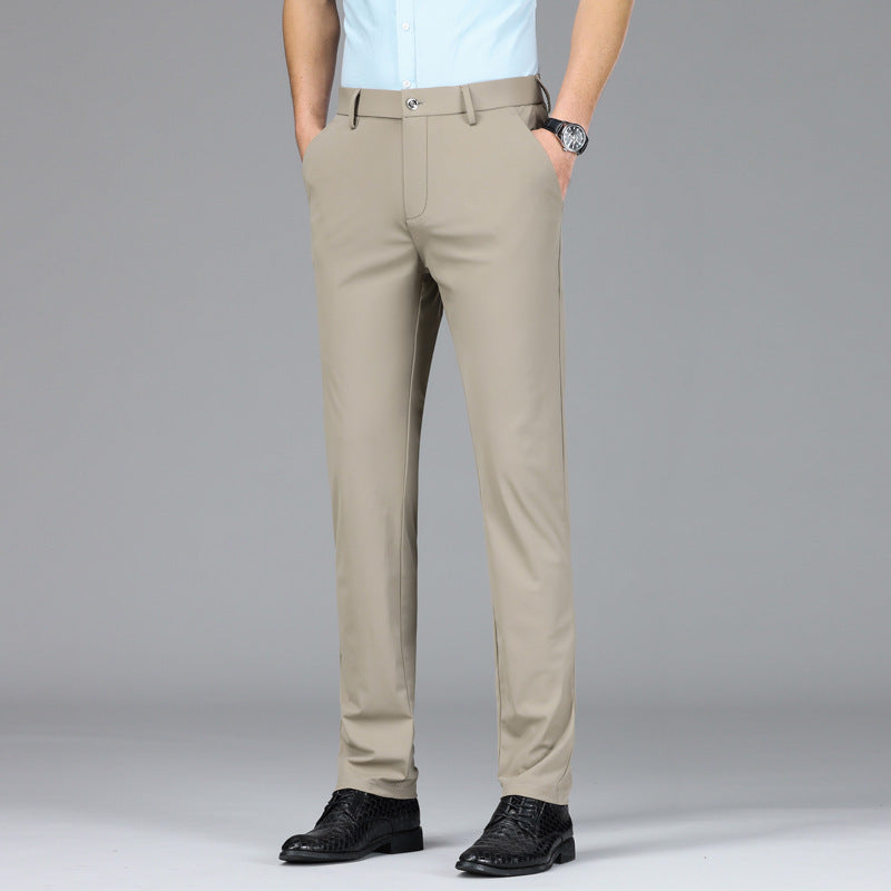 Men's ice silk slim fit trousers, offering a cool touch and freedom of movement.