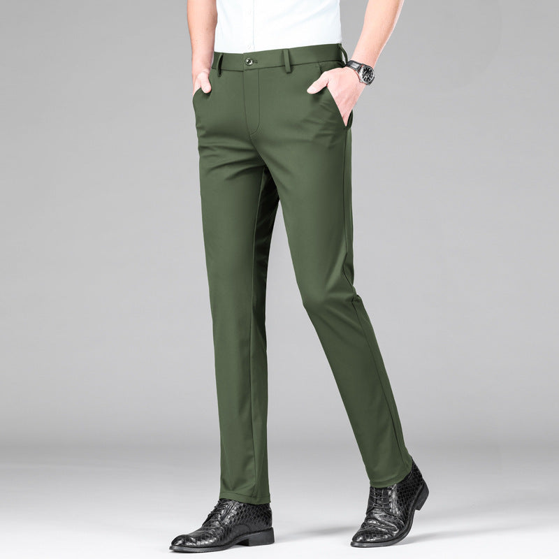 Stretchable men's slim fit trousers, crafted from ice silk for ultimate comfort & flexibility.