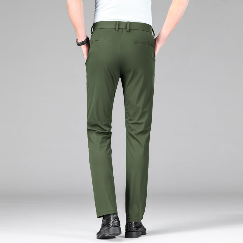 Men's apparel: Slim fit performance trousers with advanced stretch and ice silk fabric.