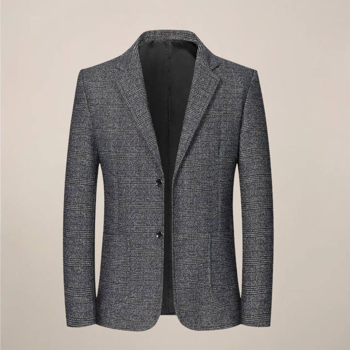 Close-up of a sophisticated men's slim fit plaid blazer, showcasing the timeless checkered pattern and quality fabric.