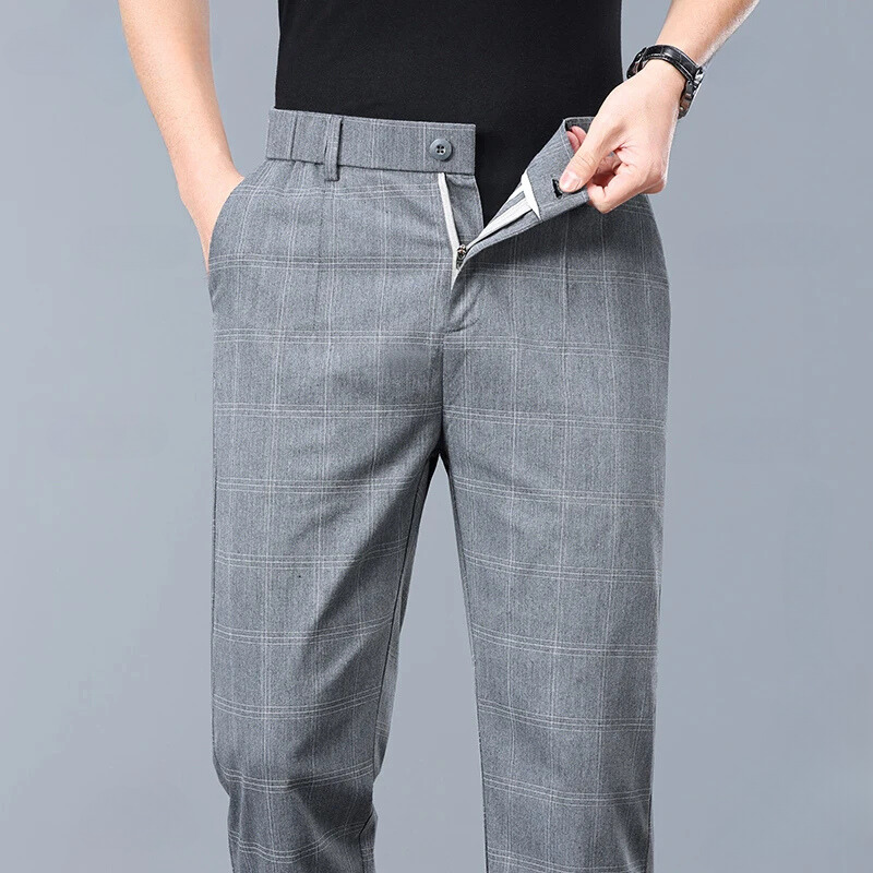 Men's slim fit plaid dress pants, perfect for modern style and comfort.