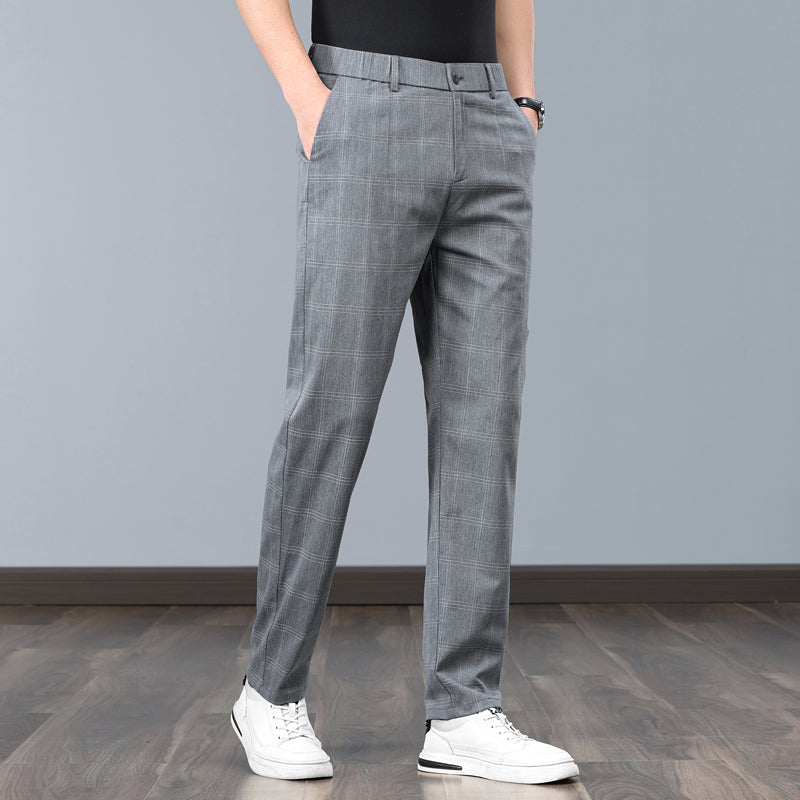 Versatile plaid dress pants for men's business casual and formal wear.
