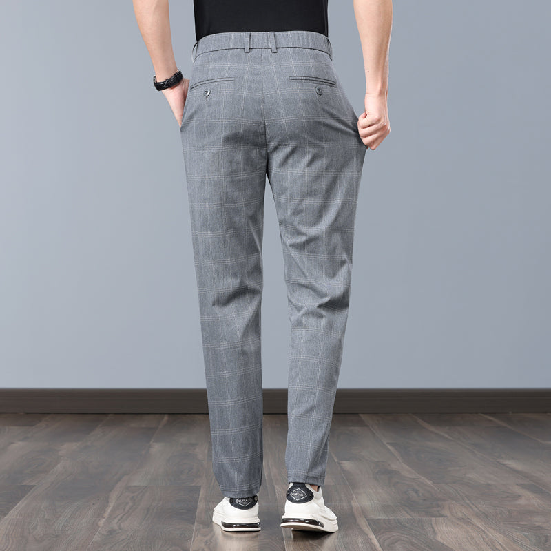 Modern slim fit plaid pants offering comfort and style for any occasion.
